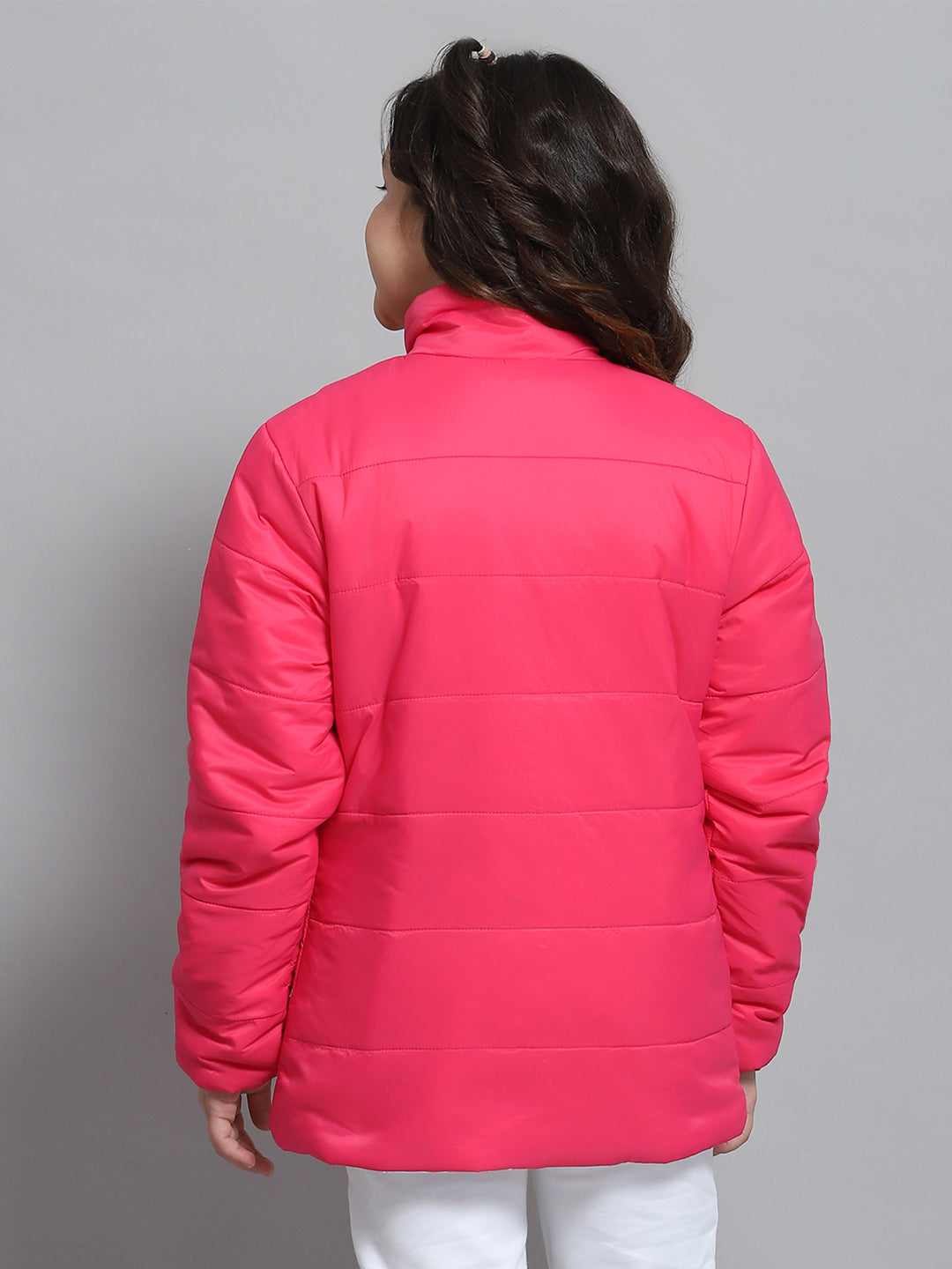 Girls Magenta Self Design Collar Full Sleeve Reversible Jacket