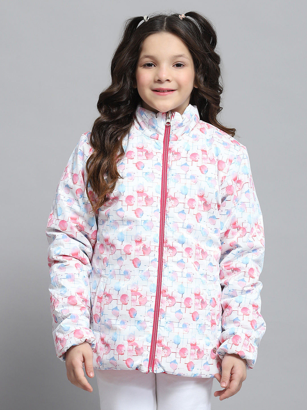 Girls Magenta Self Design Collar Full Sleeve Reversible Jacket