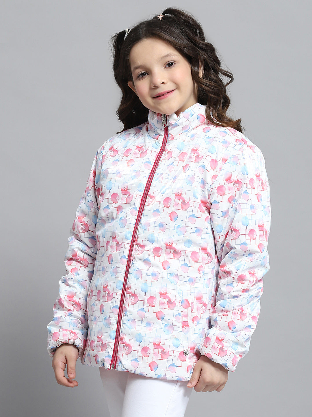 Girls Magenta Self Design Collar Full Sleeve Reversible Jacket