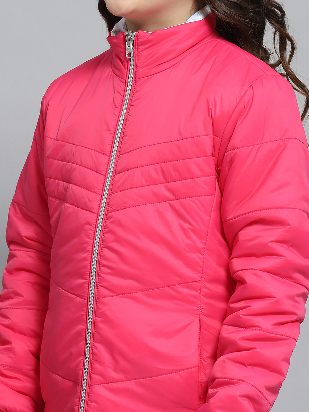 Girls Magenta Self Design Collar Full Sleeve Reversible Jacket