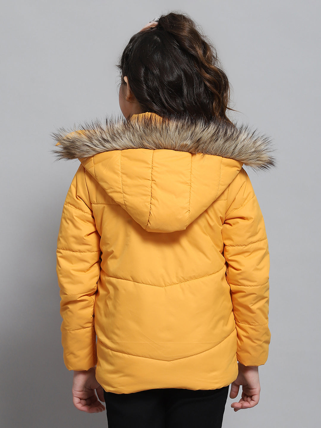 Girls Yellow Solid Hooded Full Sleeve Jacket