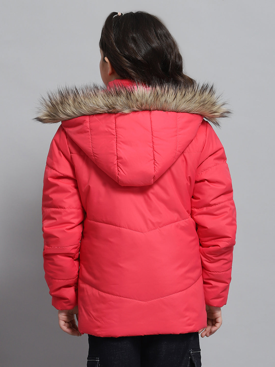 Girls Pink Solid Hooded Full Sleeve Jacket