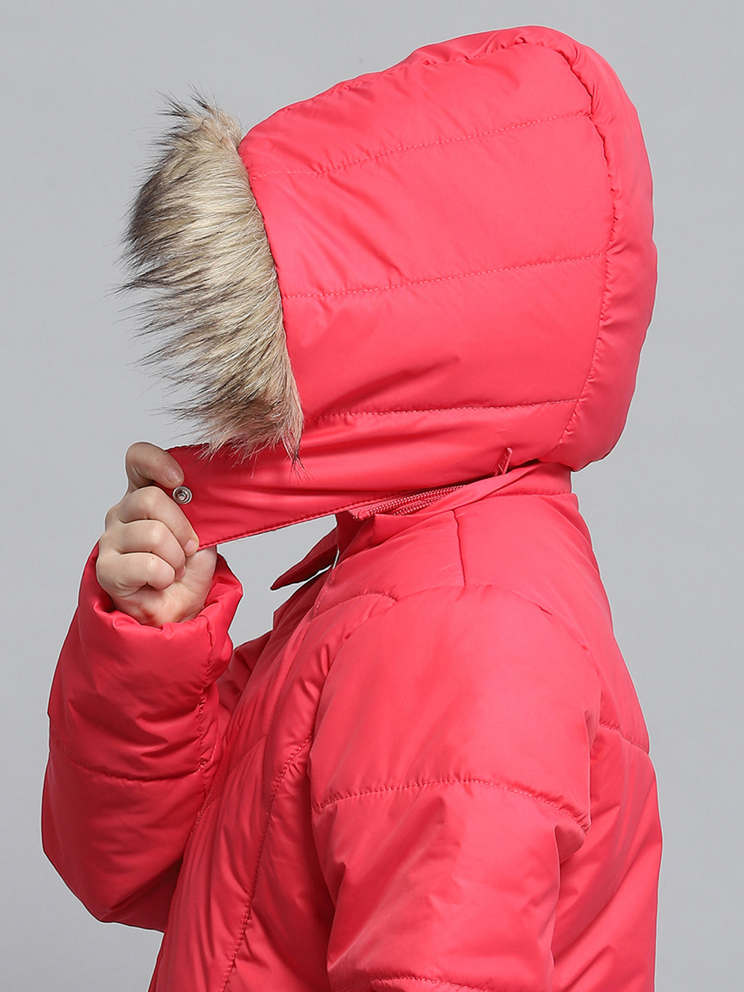 Girls Pink Solid Hooded Full Sleeve Jacket