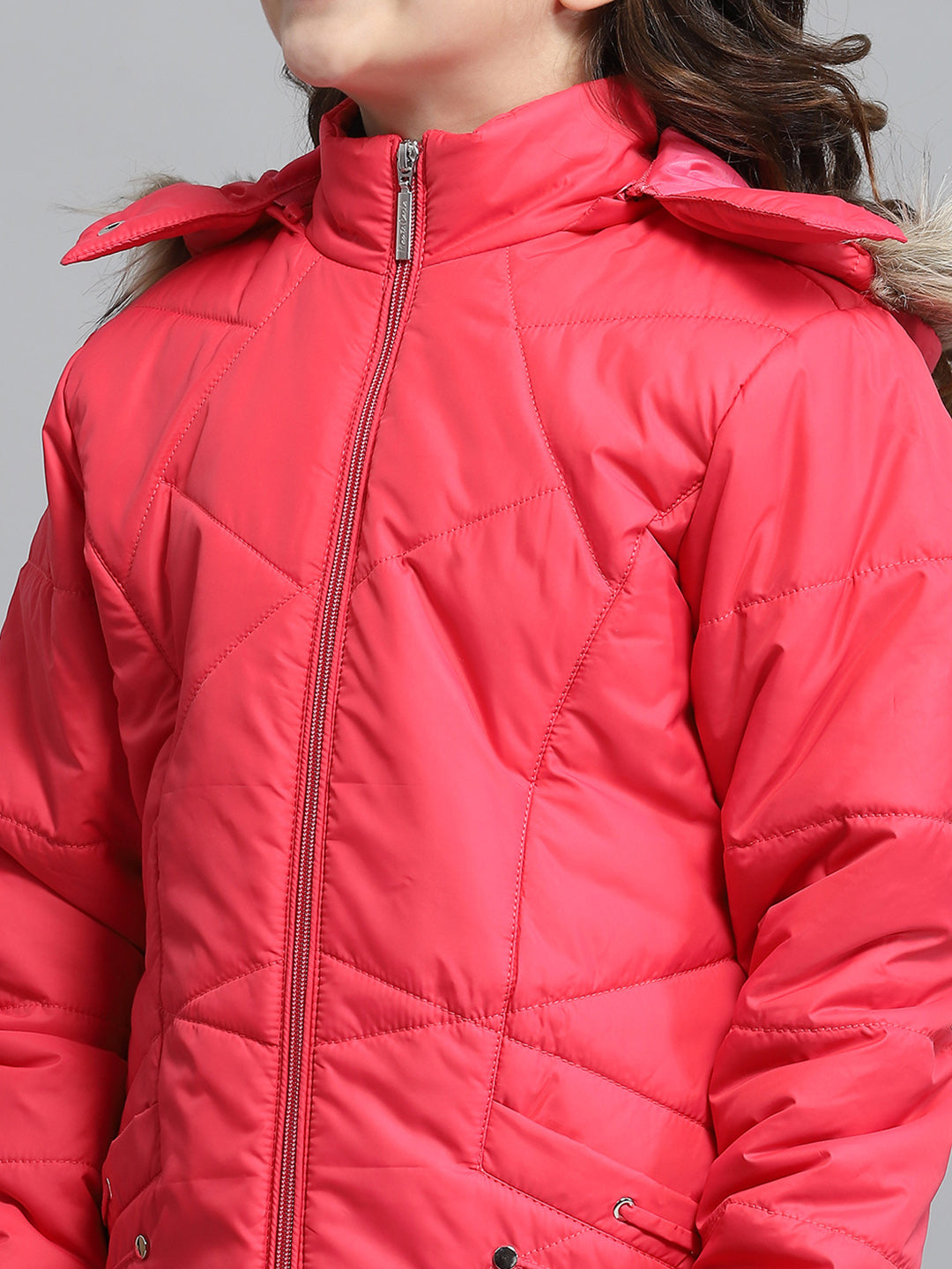 Girls Pink Solid Hooded Full Sleeve Jacket