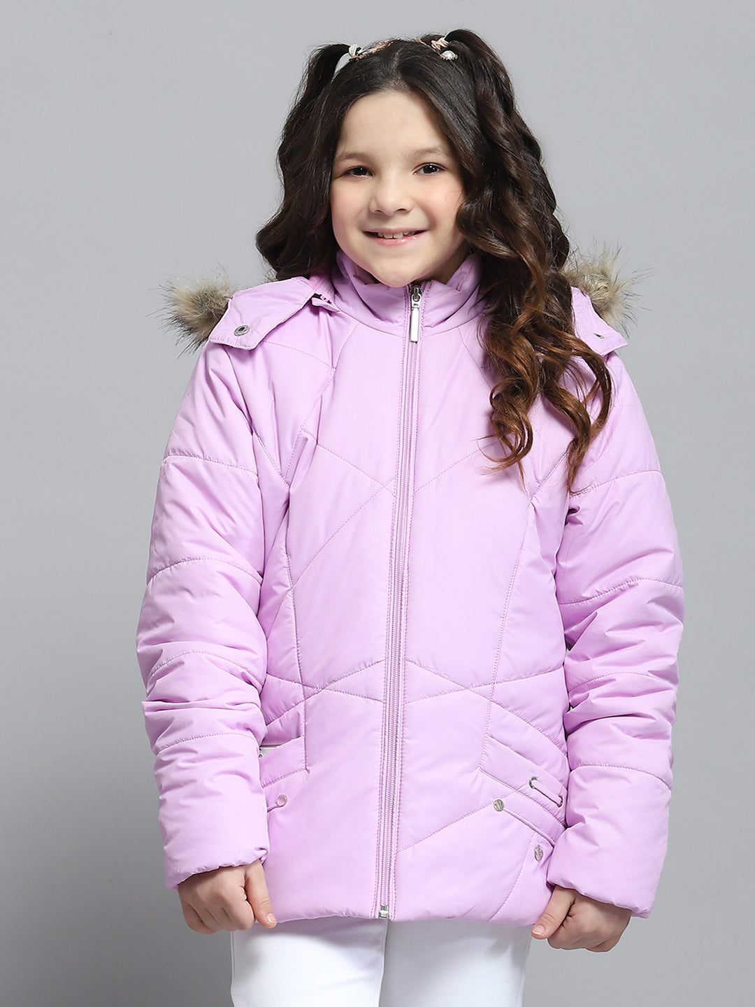 Girls Purple Solid Hooded Full Sleeve Jacket