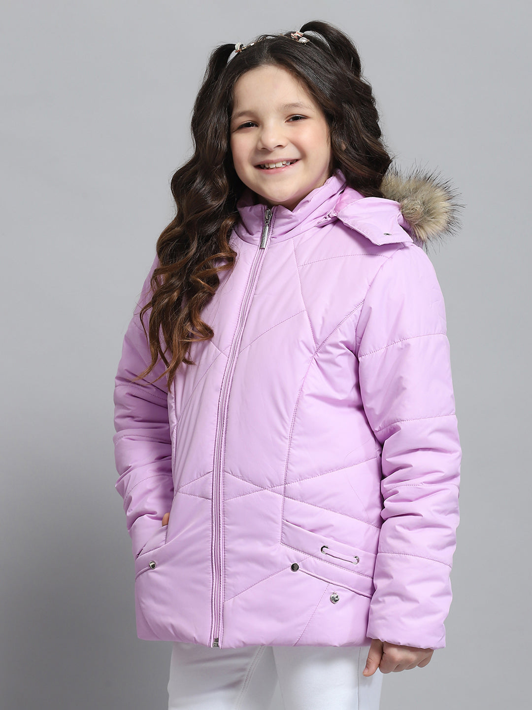 Girls Purple Solid Hooded Full Sleeve Jacket