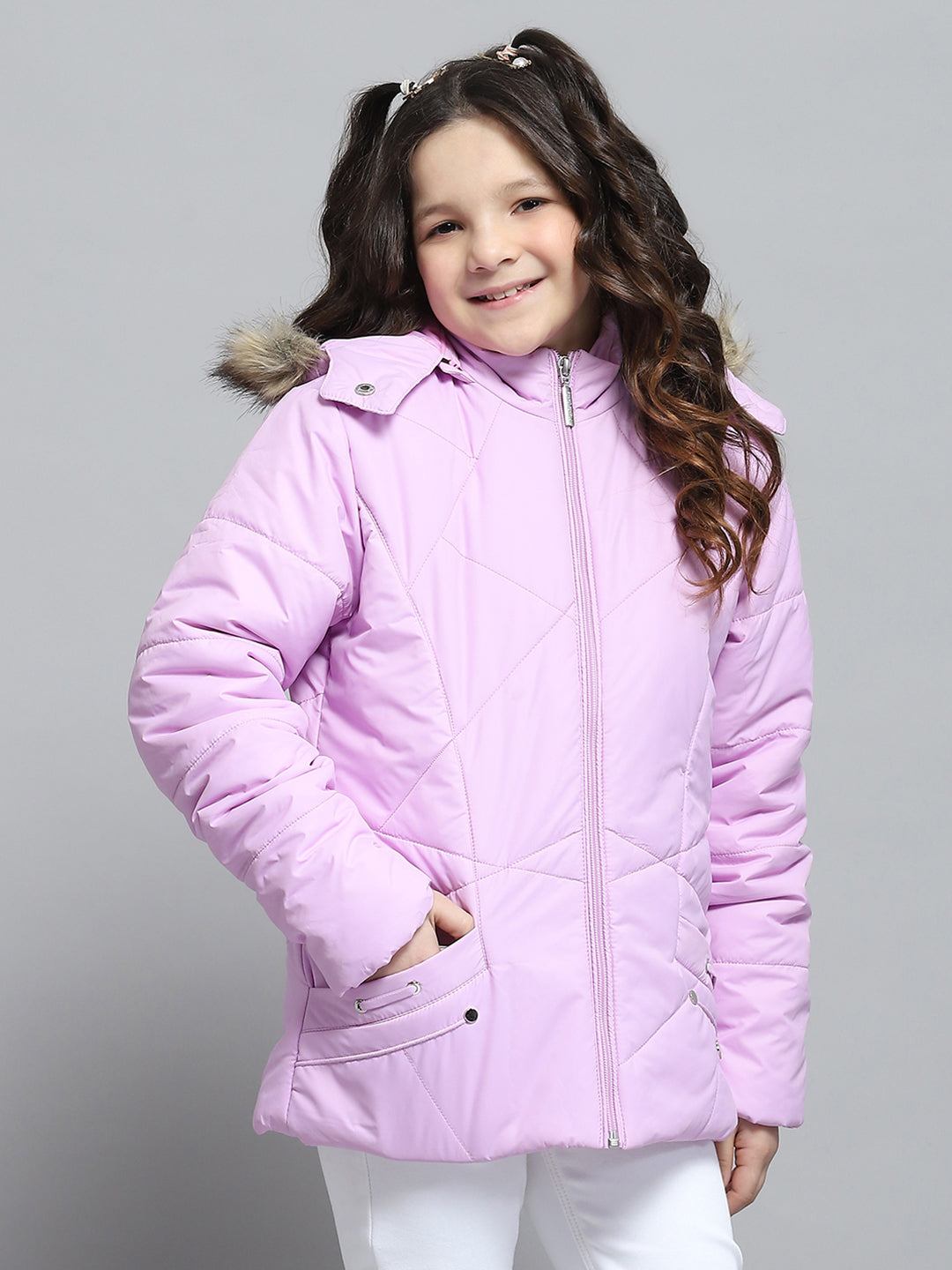 Girls Purple Solid Hooded Full Sleeve Jacket