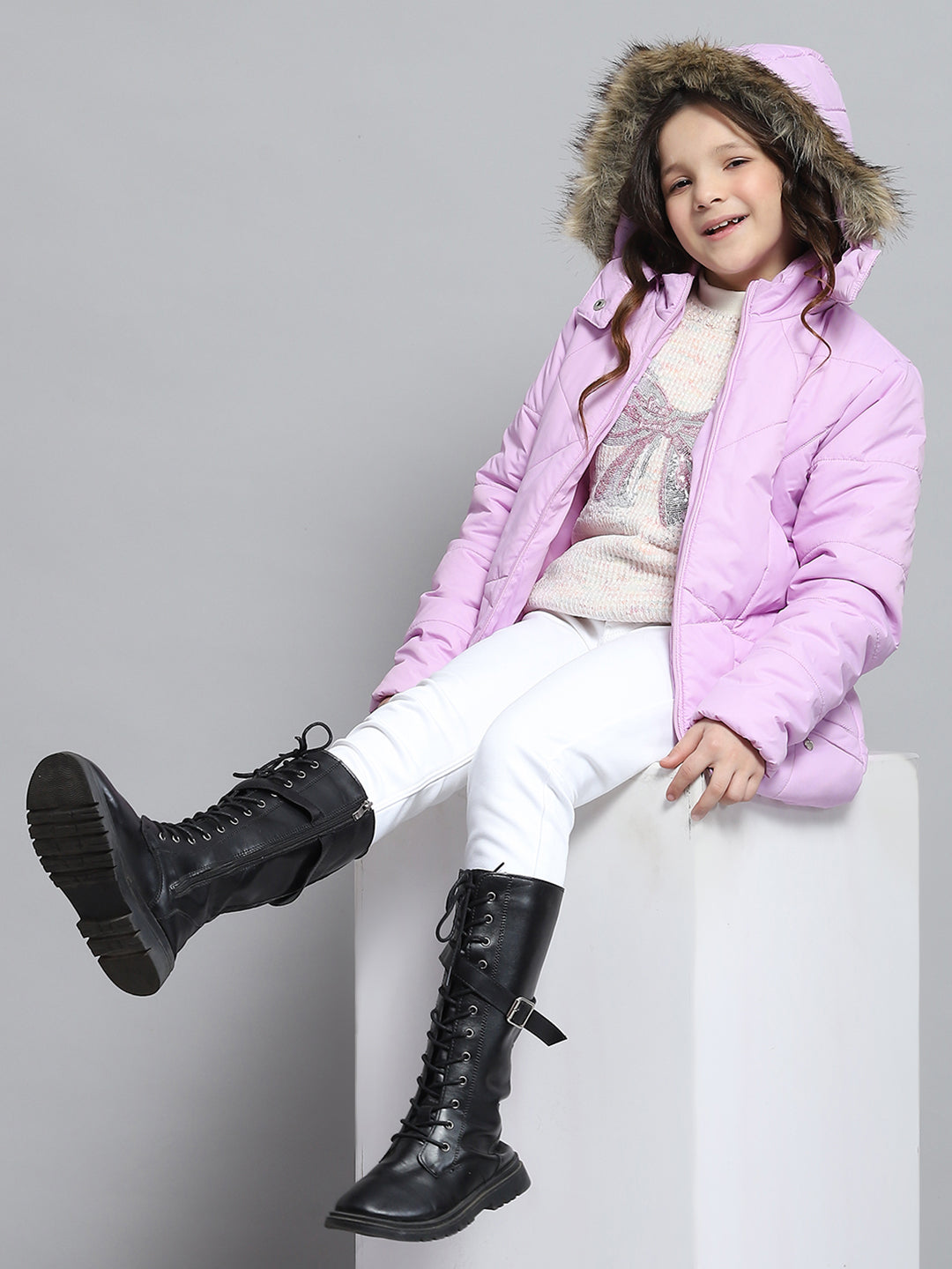 Girls Purple Solid Hooded Full Sleeve Jacket