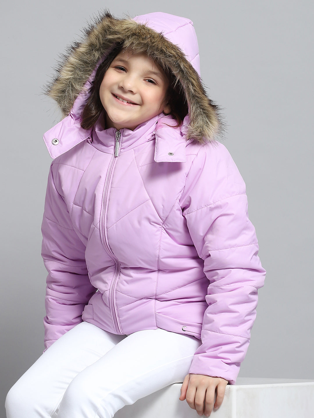 Girls Purple Solid Hooded Full Sleeve Jacket