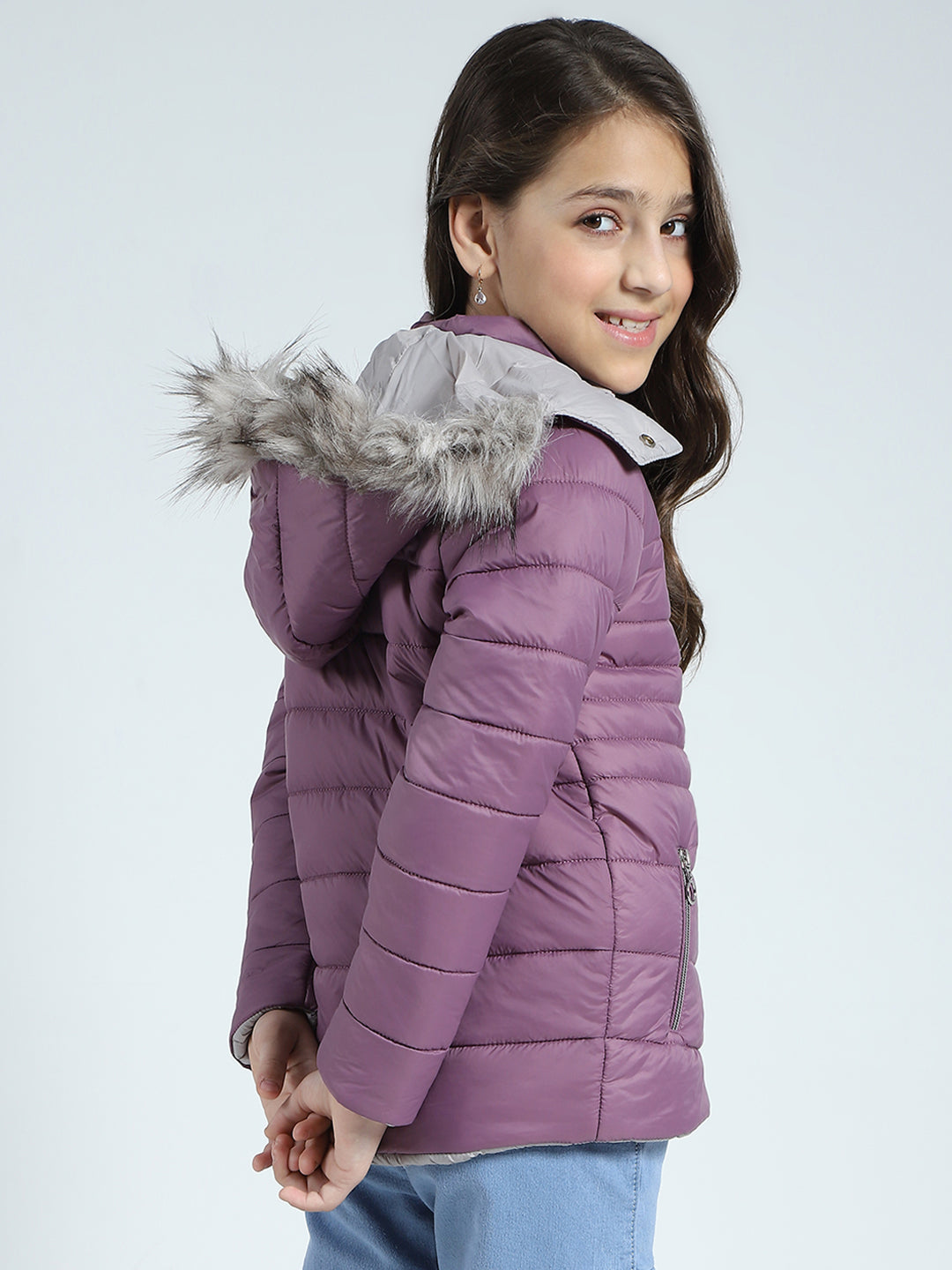 Girls Purple Solid Detachable Hood Full Sleeve Jacket