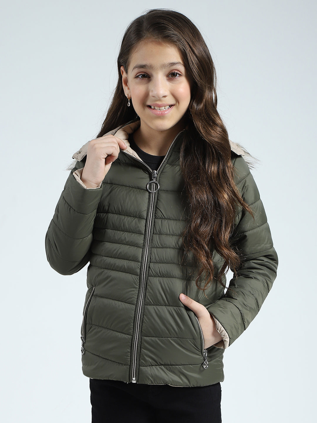 Girls Olive Solid Detachable Hood Full Sleeve Jacket