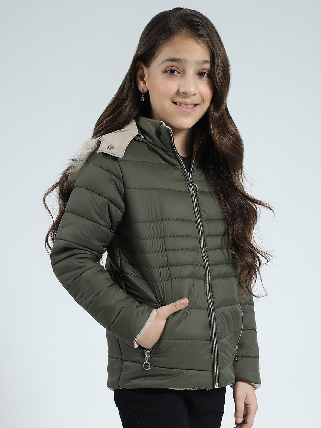 Girls Olive Solid Detachable Hood Full Sleeve Jacket