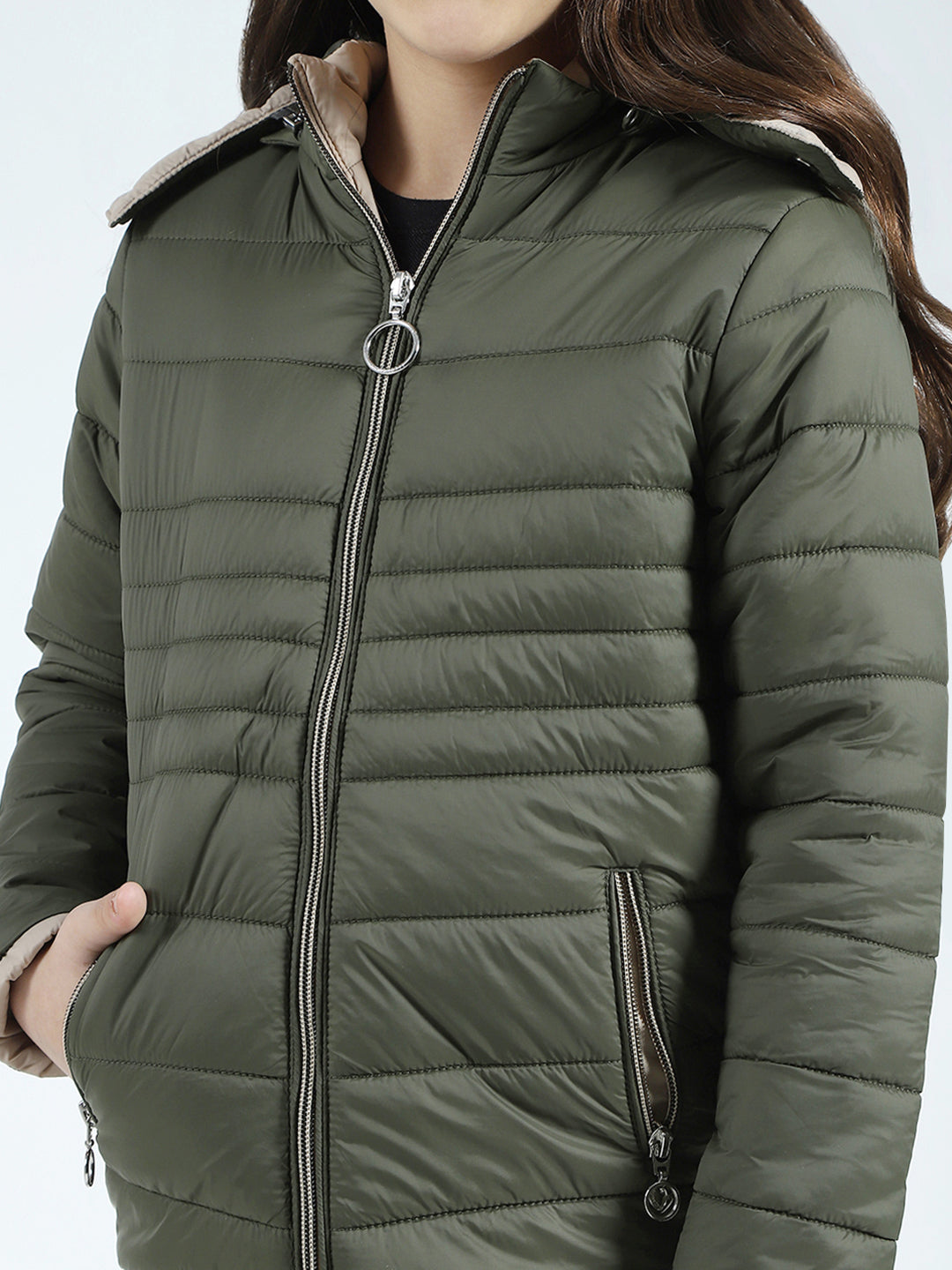 Girls Olive Solid Detachable Hood Full Sleeve Jacket