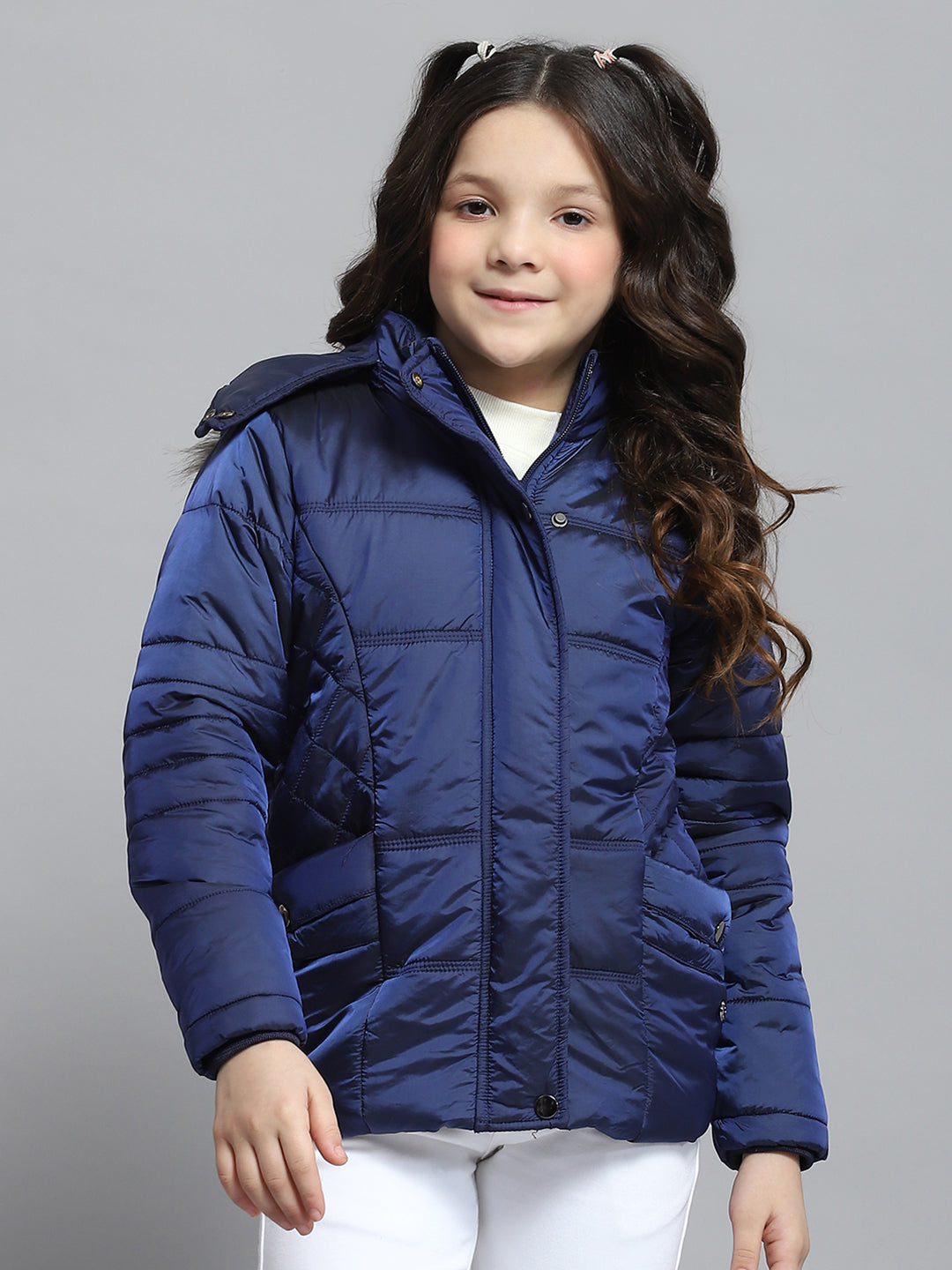 Girls Blue Solid Hooded Full Sleeve Jacket