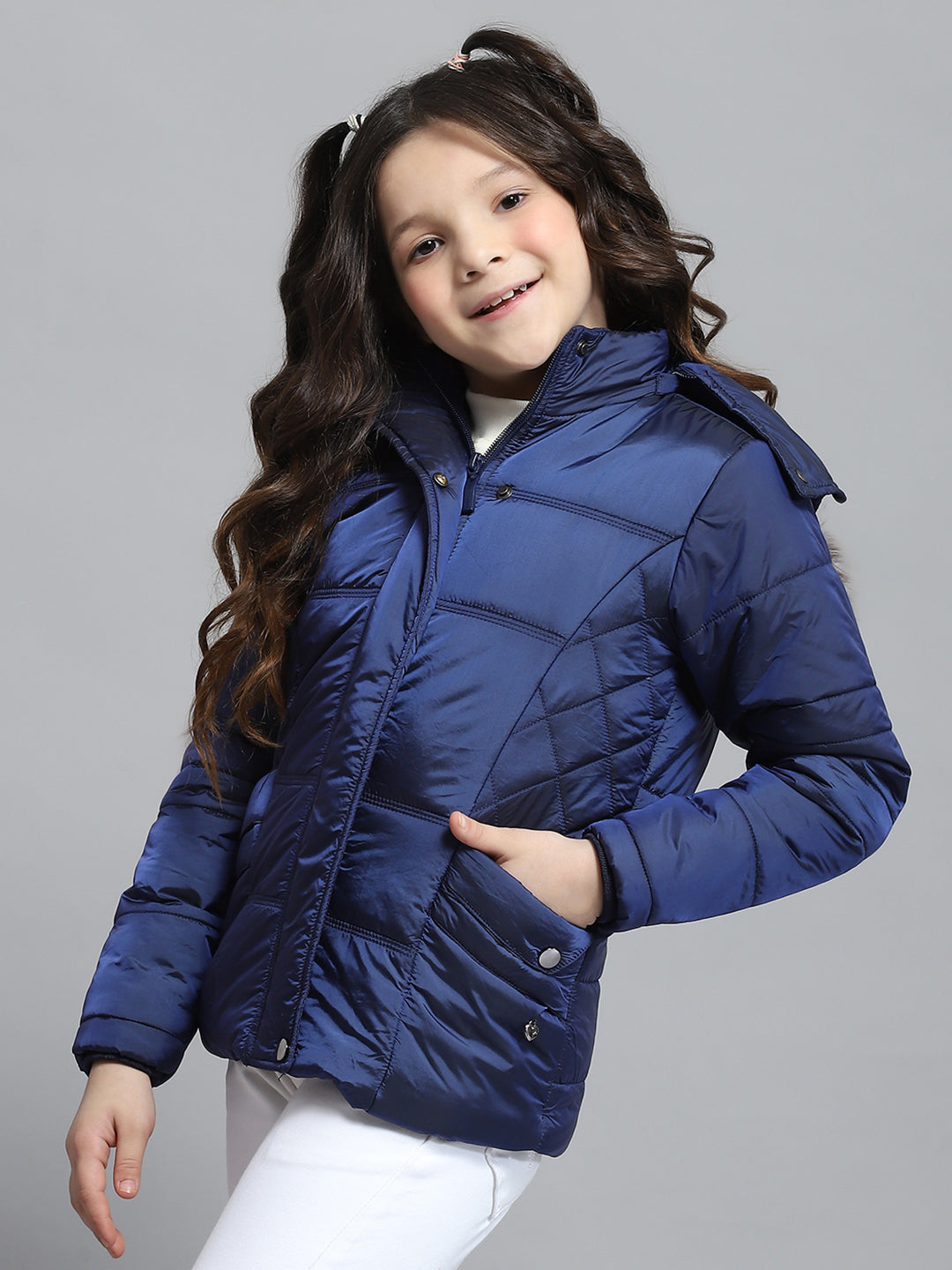 Girls Blue Solid Hooded Full Sleeve Jacket