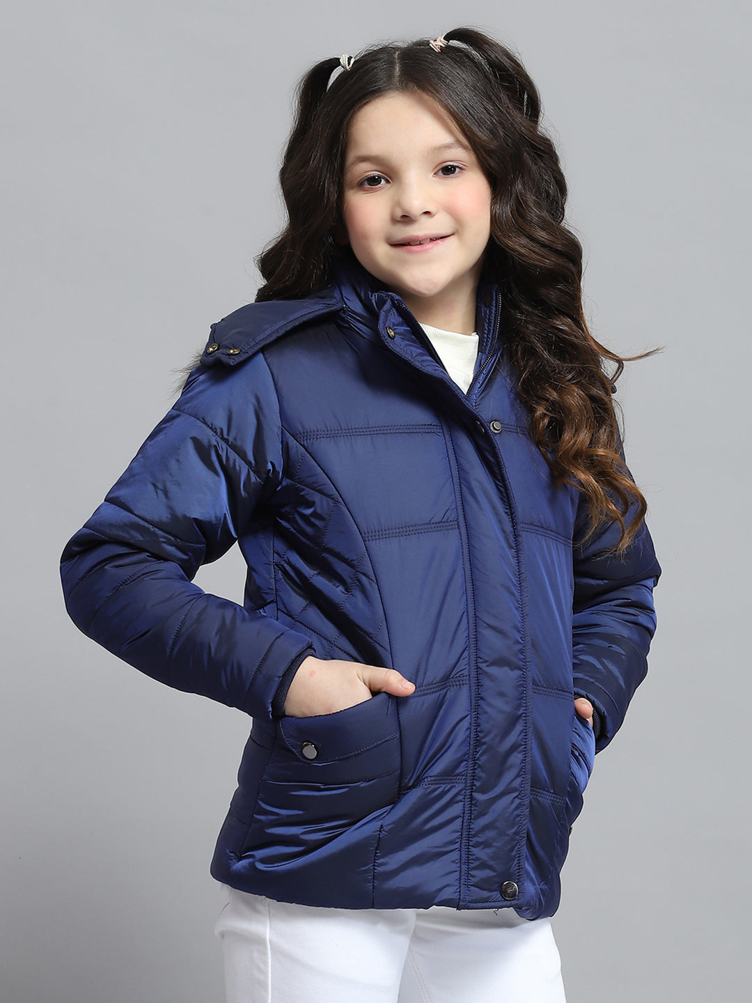 Girls Blue Solid Hooded Full Sleeve Jacket
