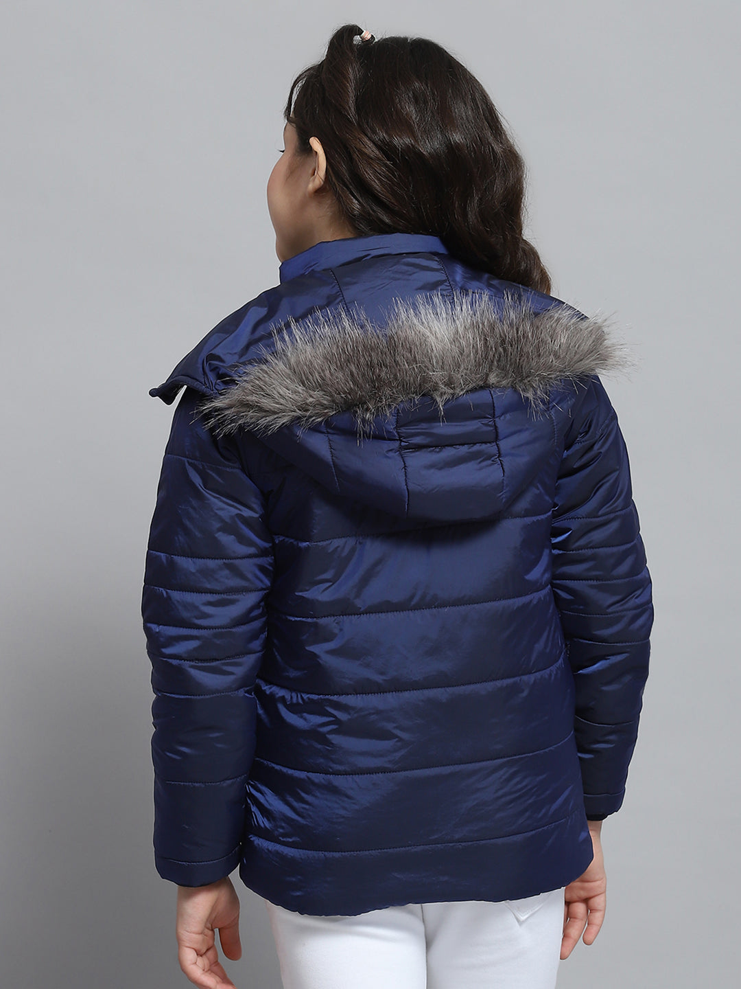 Girls Blue Solid Hooded Full Sleeve Jacket