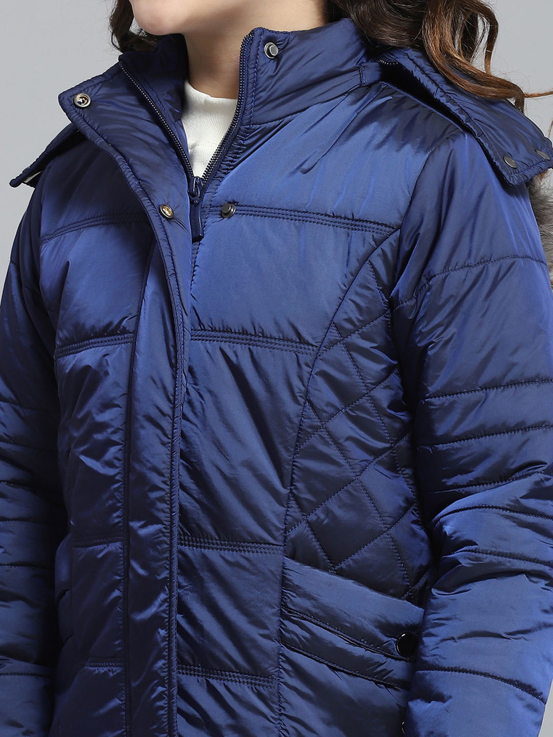 Girls Blue Solid Hooded Full Sleeve Jacket