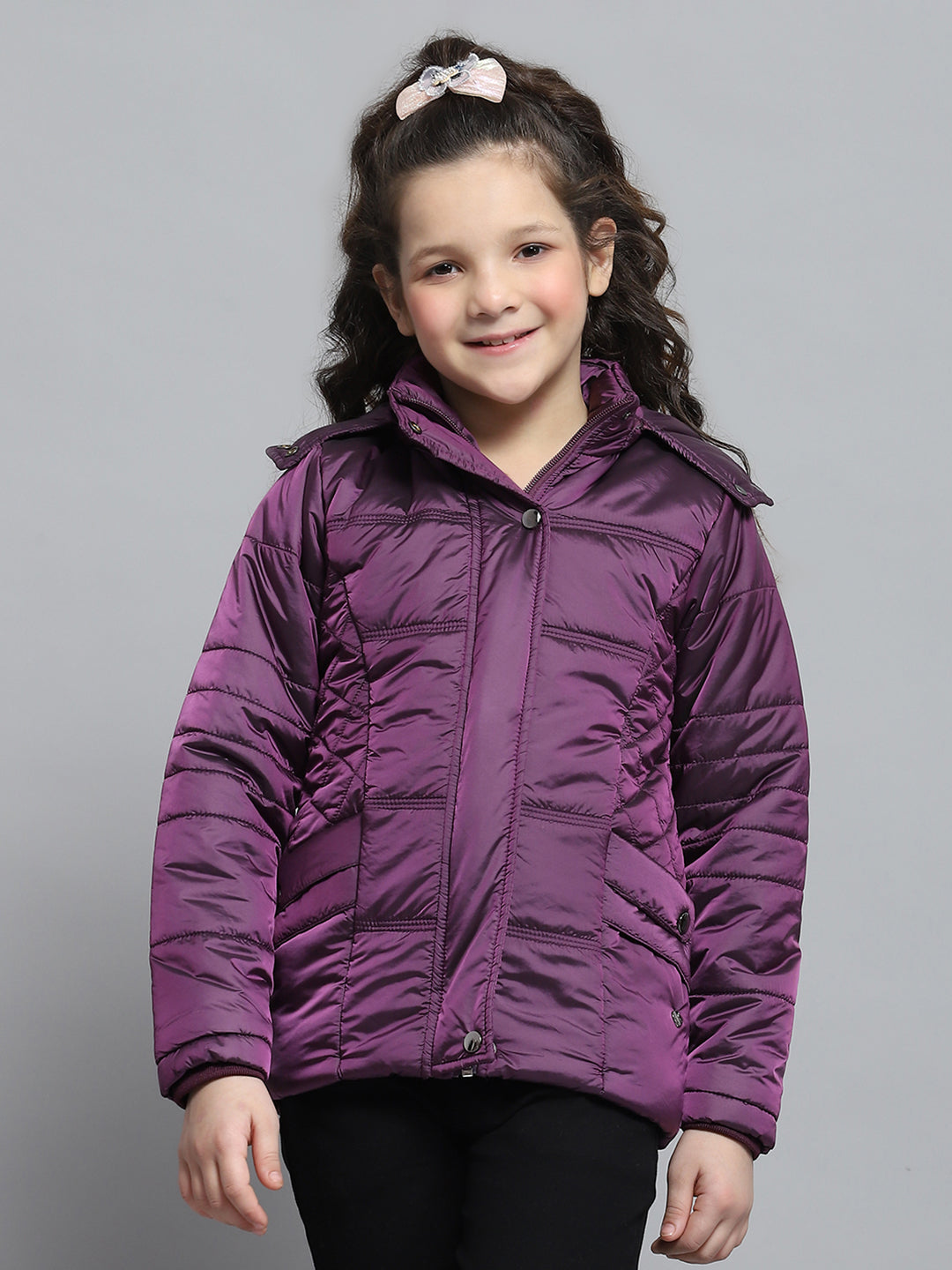 Girls Purple Solid Hooded Full Sleeve Jacket