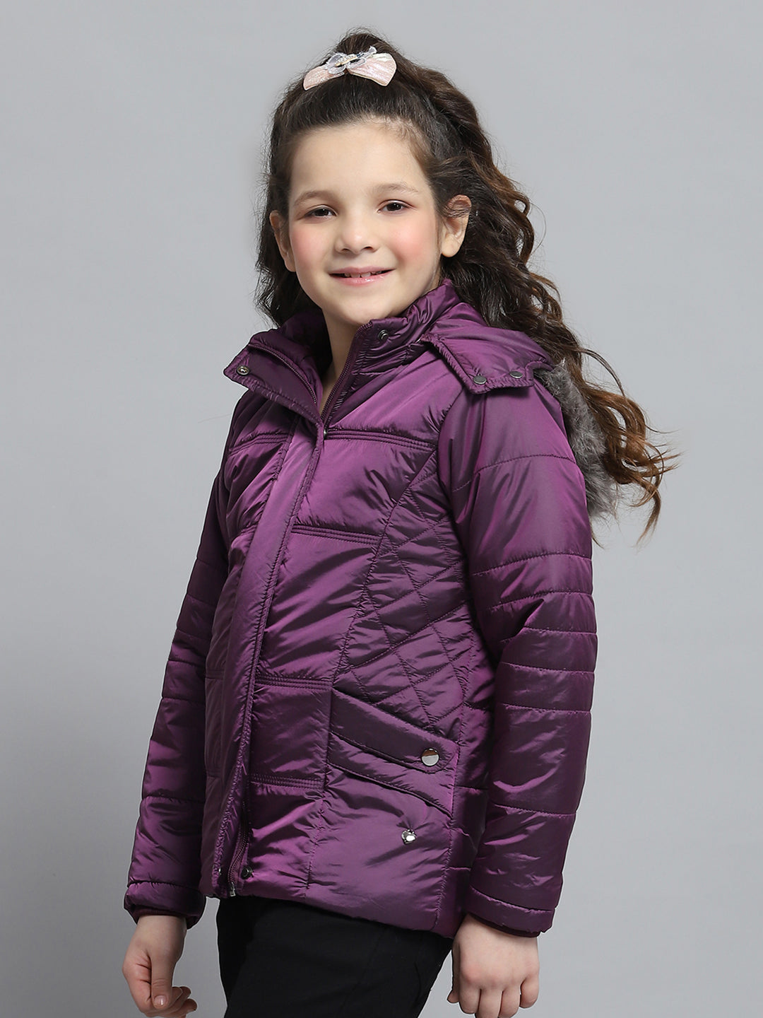 Girls Purple Solid Hooded Full Sleeve Jacket