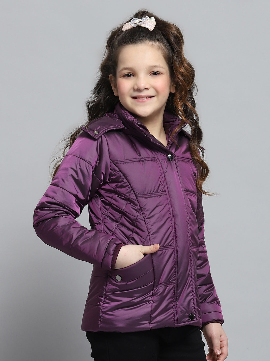 Girls Purple Solid Hooded Full Sleeve Jacket