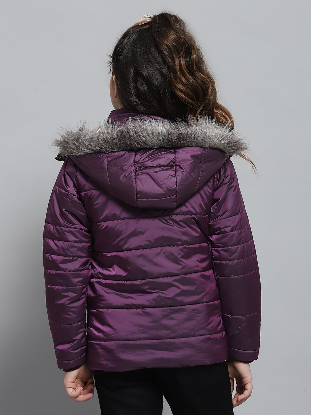 Girls Purple Solid Hooded Full Sleeve Jacket