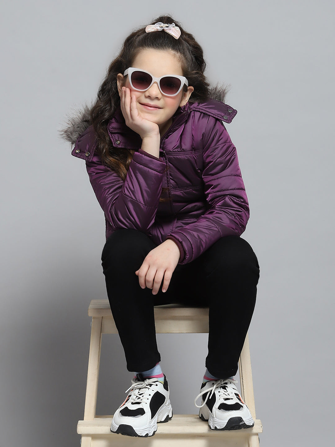 Girls Purple Solid Hooded Full Sleeve Jacket