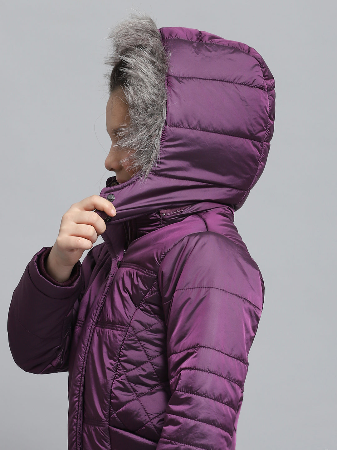 Girls Purple Solid Hooded Full Sleeve Jacket