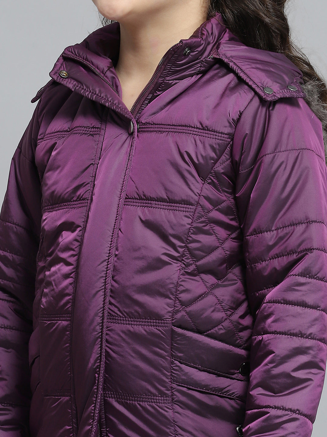 Girls Purple Solid Hooded Full Sleeve Jacket