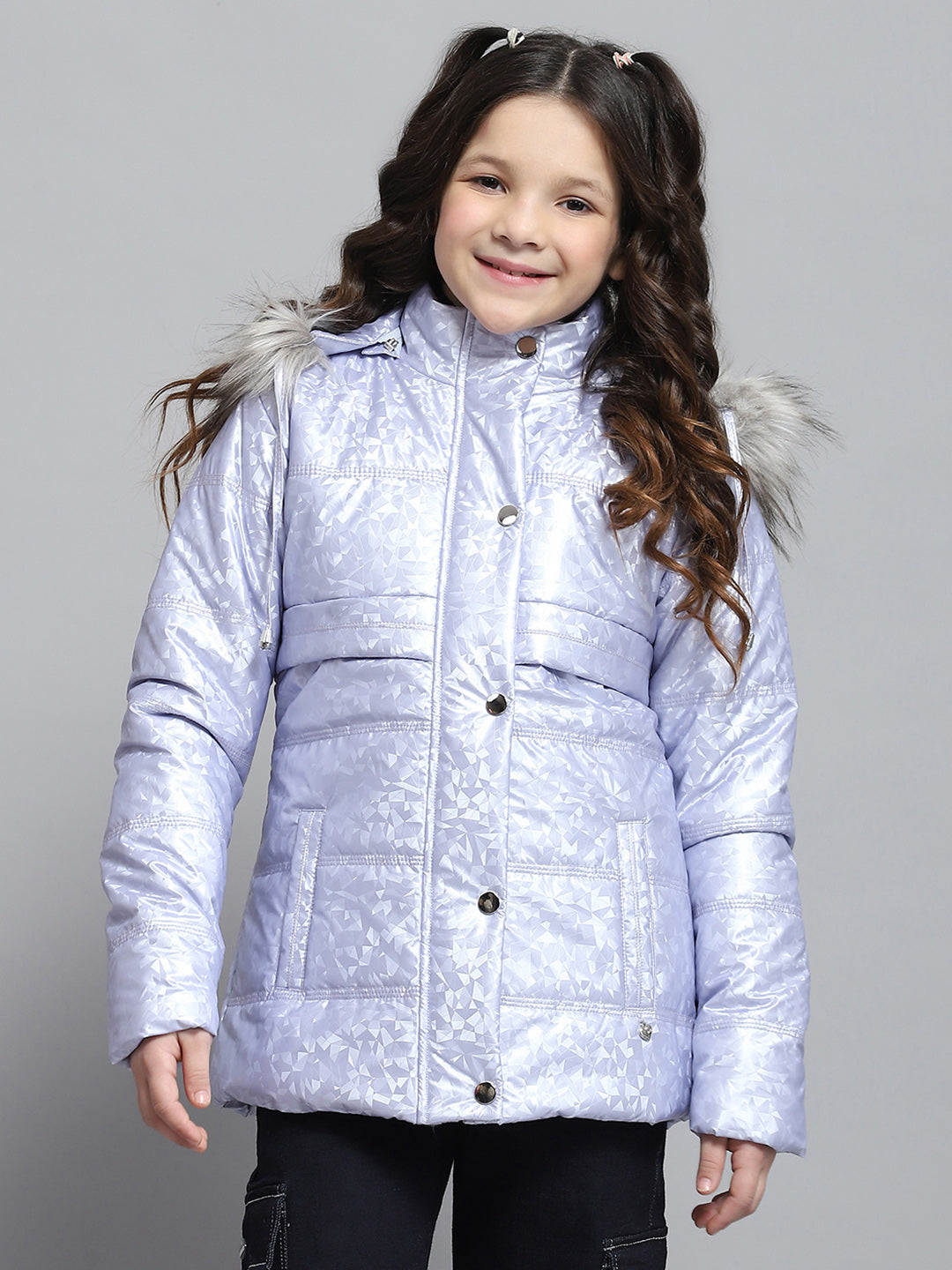 Girls Purple Printed Hooded Full Sleeve Jacket