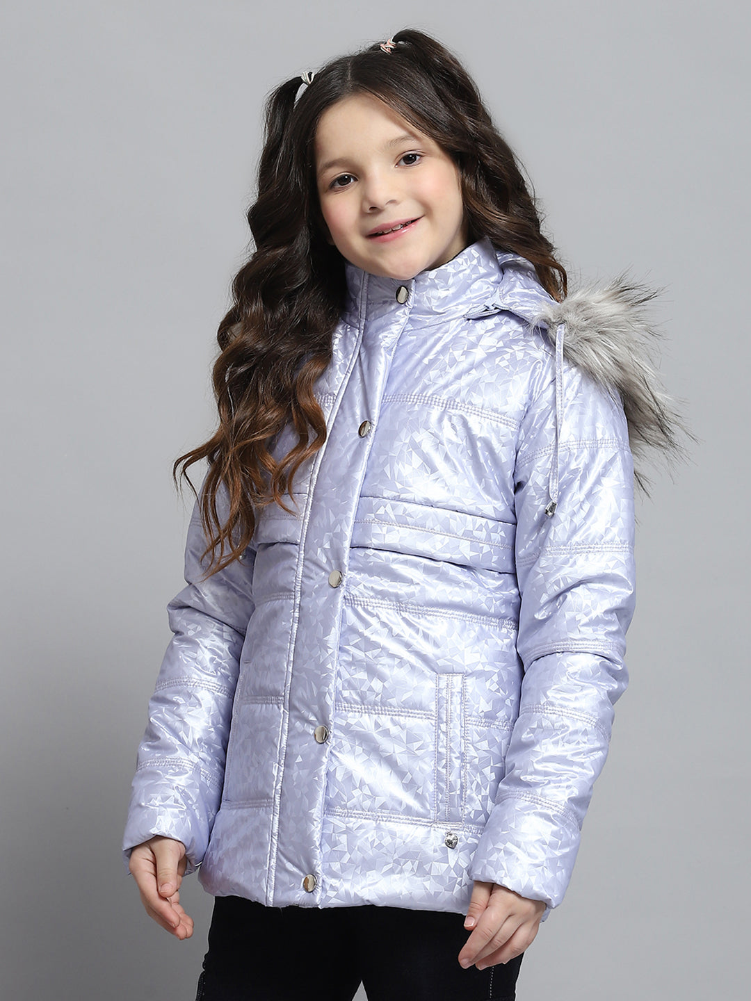Girls Purple Printed Hooded Full Sleeve Jacket