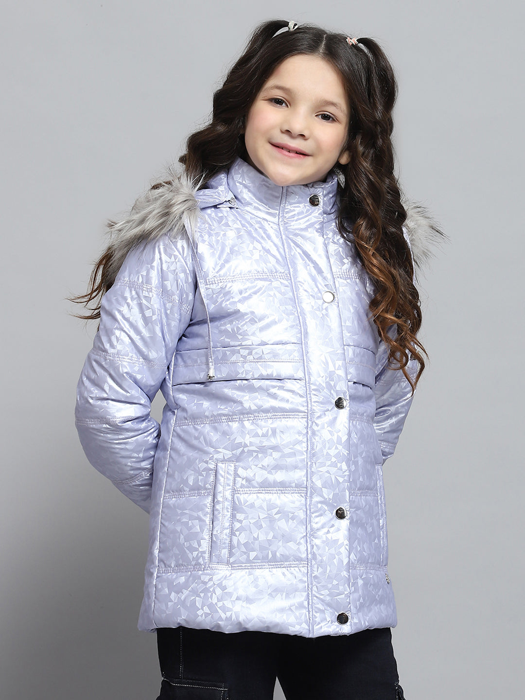 Girls Purple Printed Hooded Full Sleeve Jacket