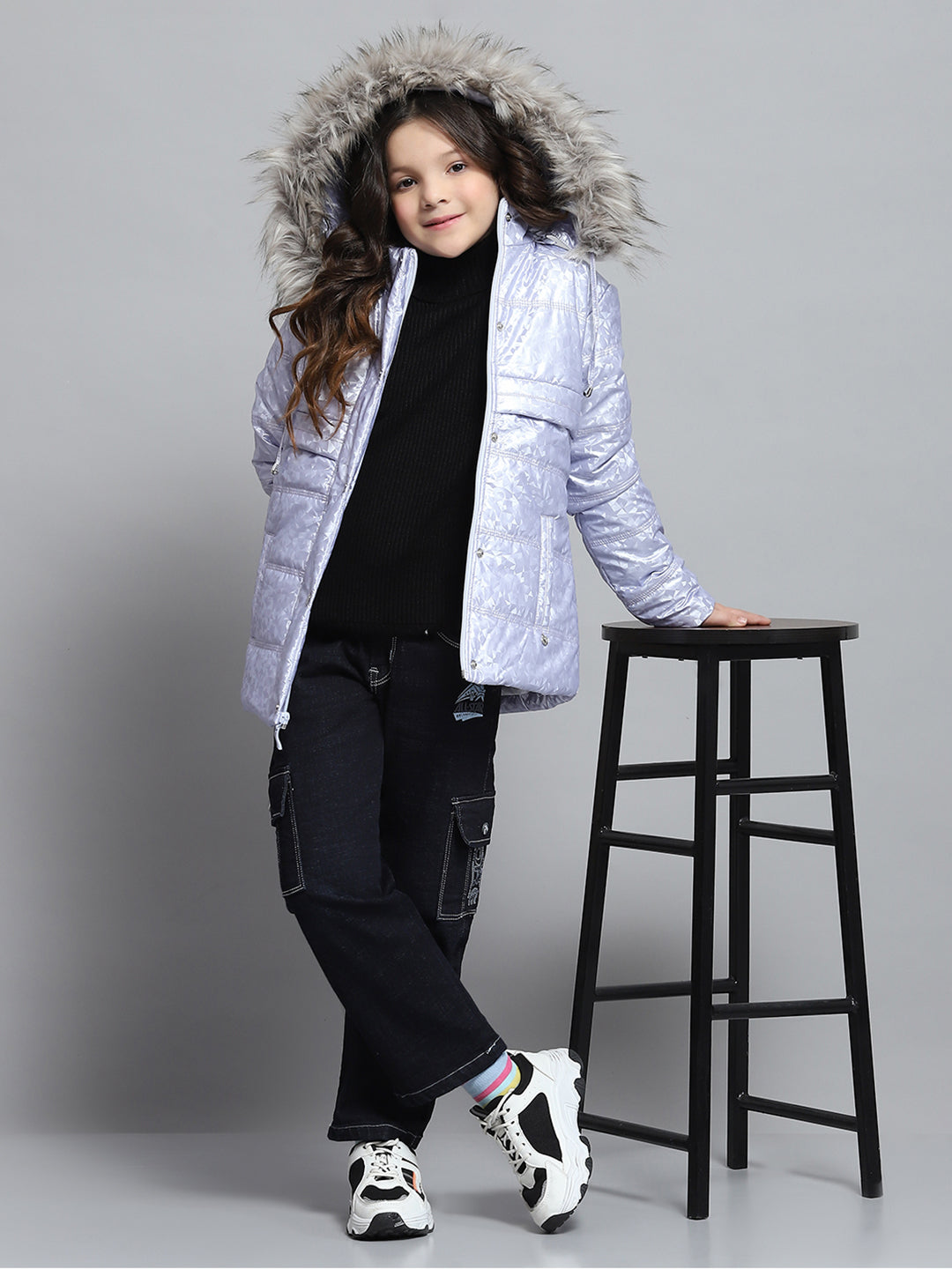 Girls Purple Printed Hooded Full Sleeve Jacket