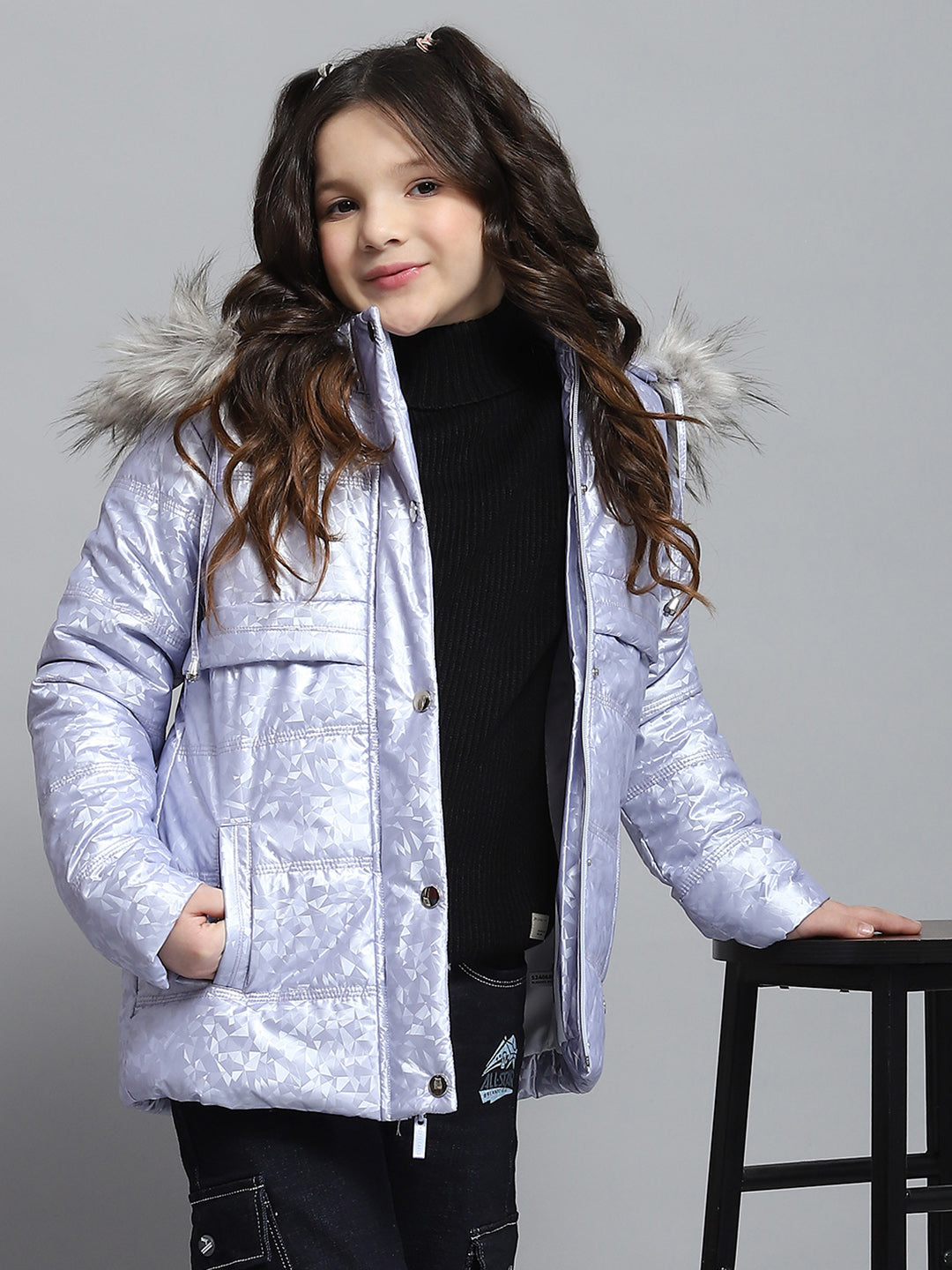 Girls Purple Printed Hooded Full Sleeve Jacket