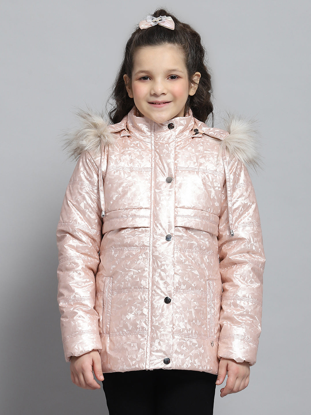 Girls Peach Printed Hooded Full Sleeve Jacket