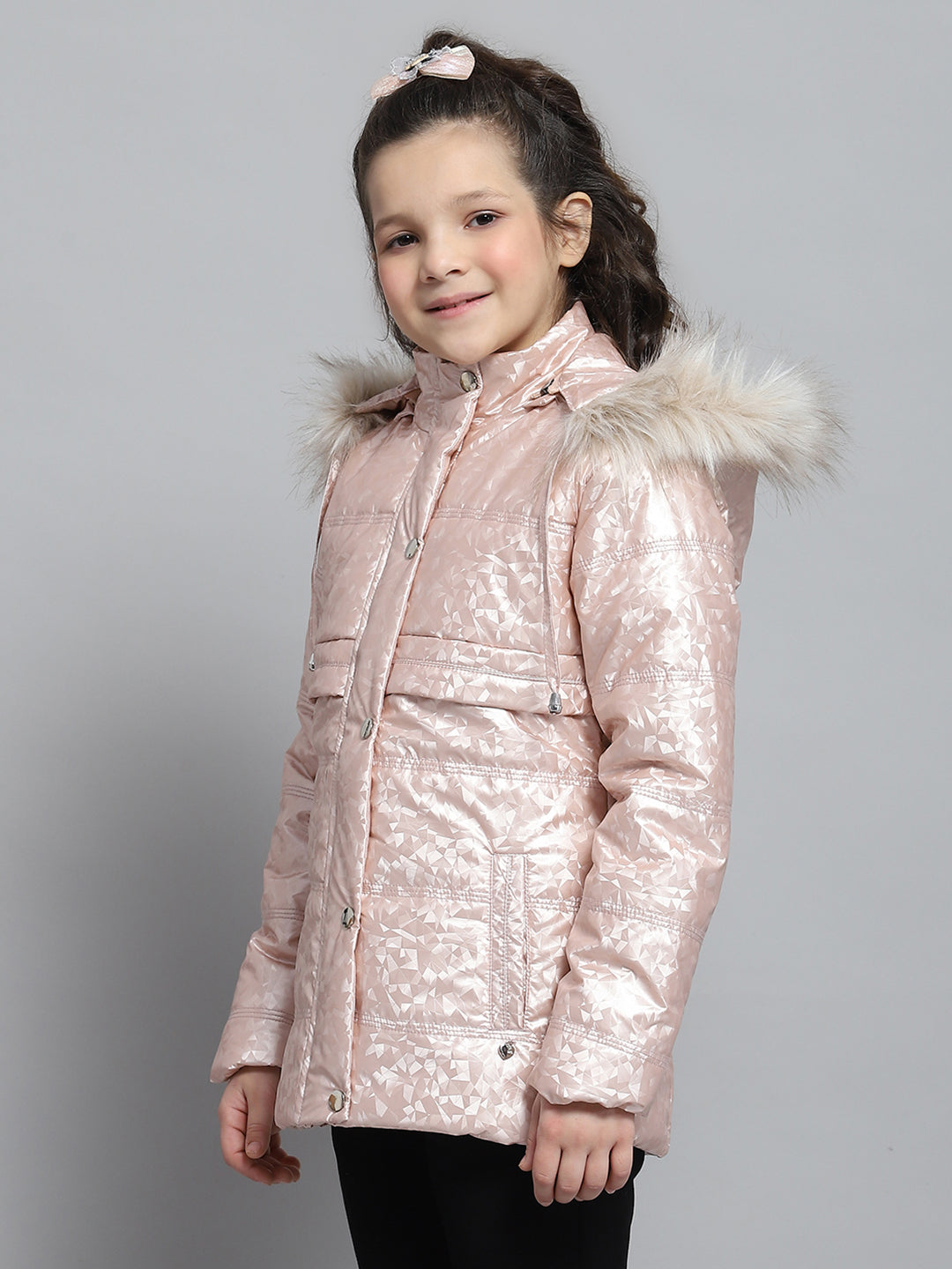 Girls Peach Printed Hooded Full Sleeve Jacket