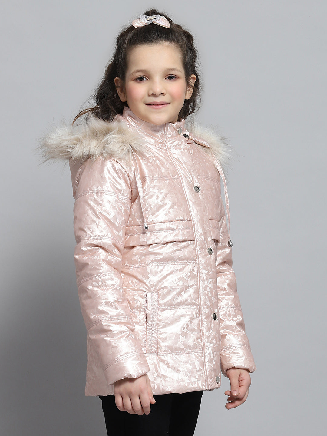 Girls Peach Printed Hooded Full Sleeve Jacket