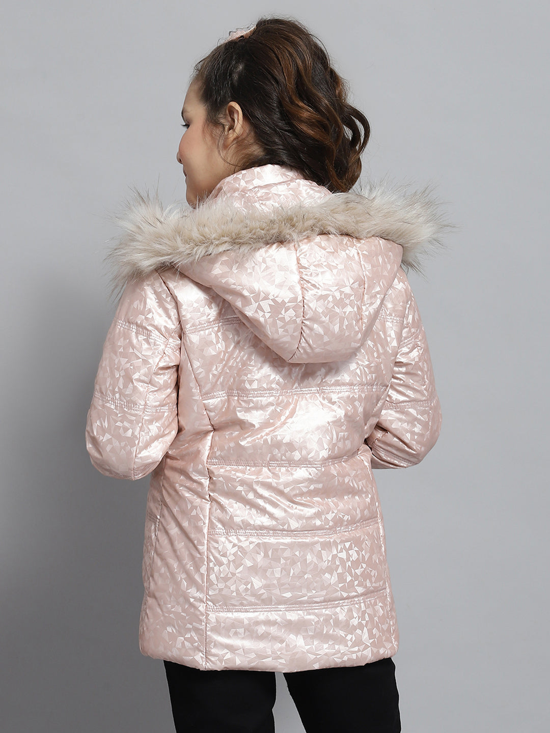 Girls Peach Printed Hooded Full Sleeve Jacket