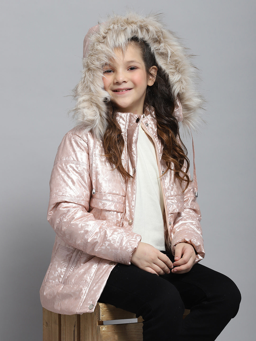 Girls Peach Printed Hooded Full Sleeve Jacket