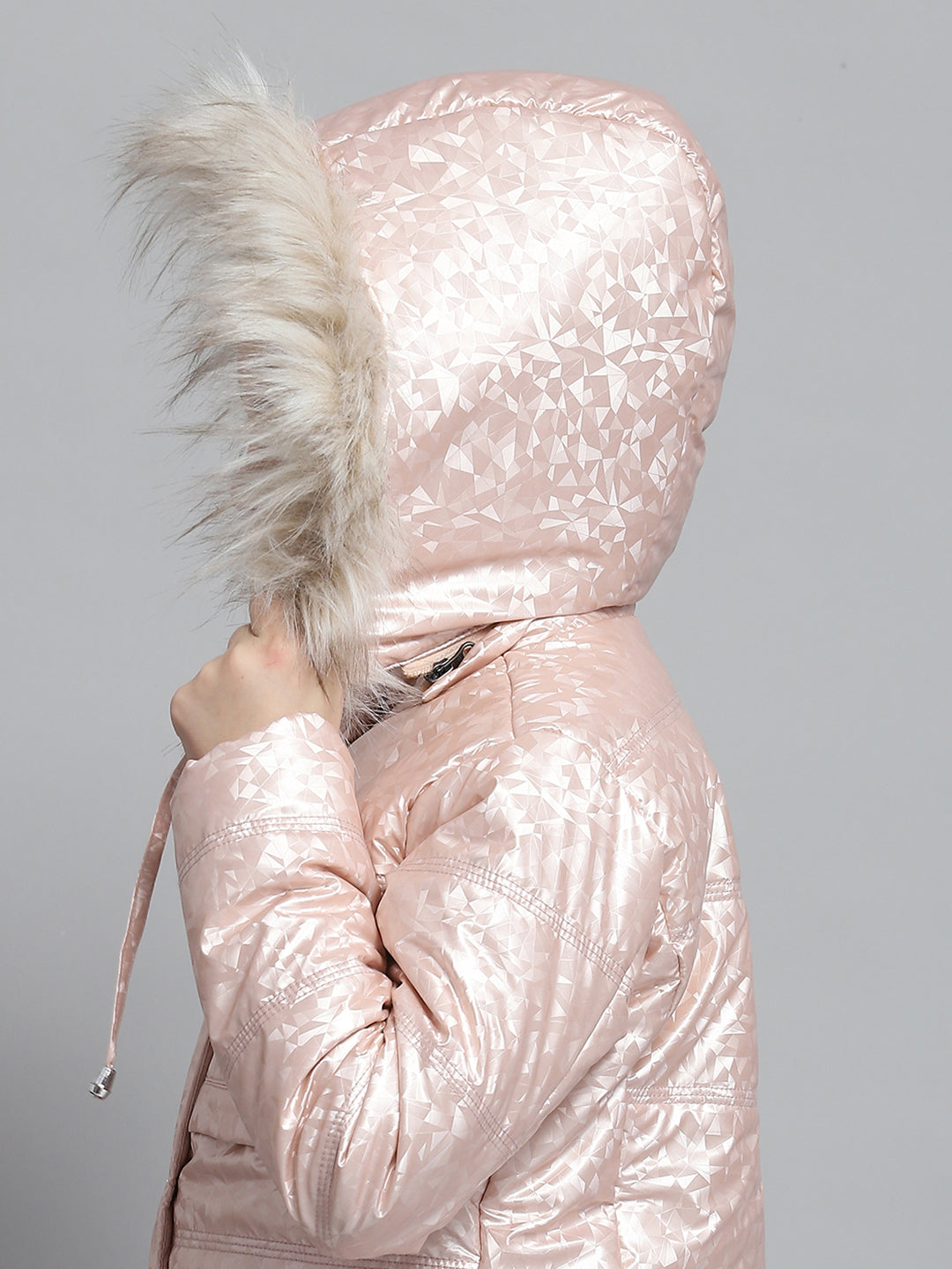 Girls Peach Printed Hooded Full Sleeve Jacket