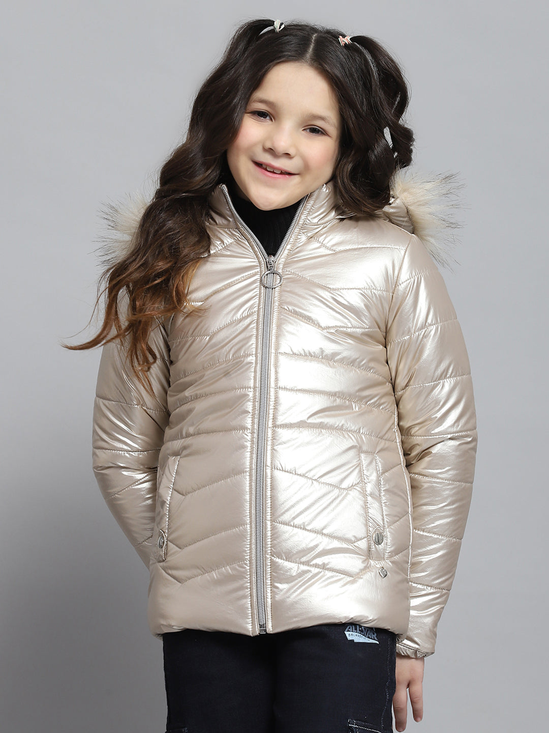 Girls Beige Solid Hooded Full Sleeve Jacket
