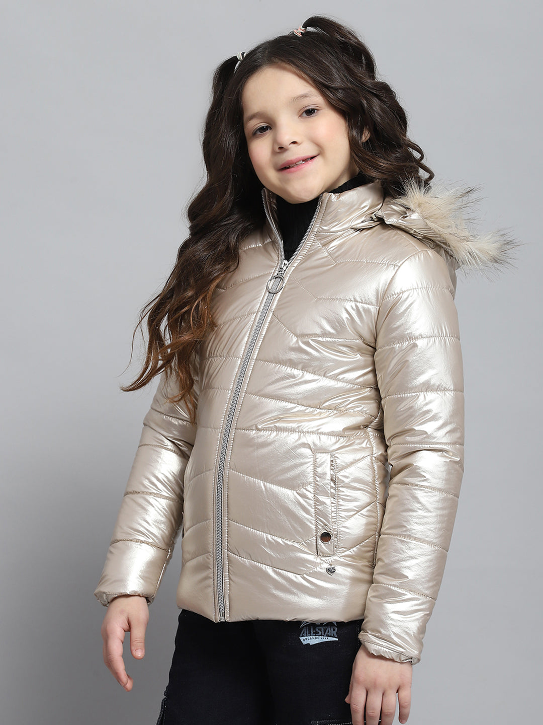 Girls Beige Solid Hooded Full Sleeve Jacket