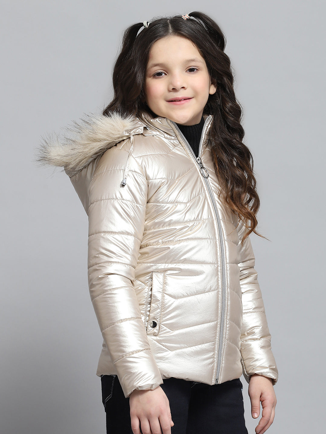 Girls Beige Solid Hooded Full Sleeve Jacket