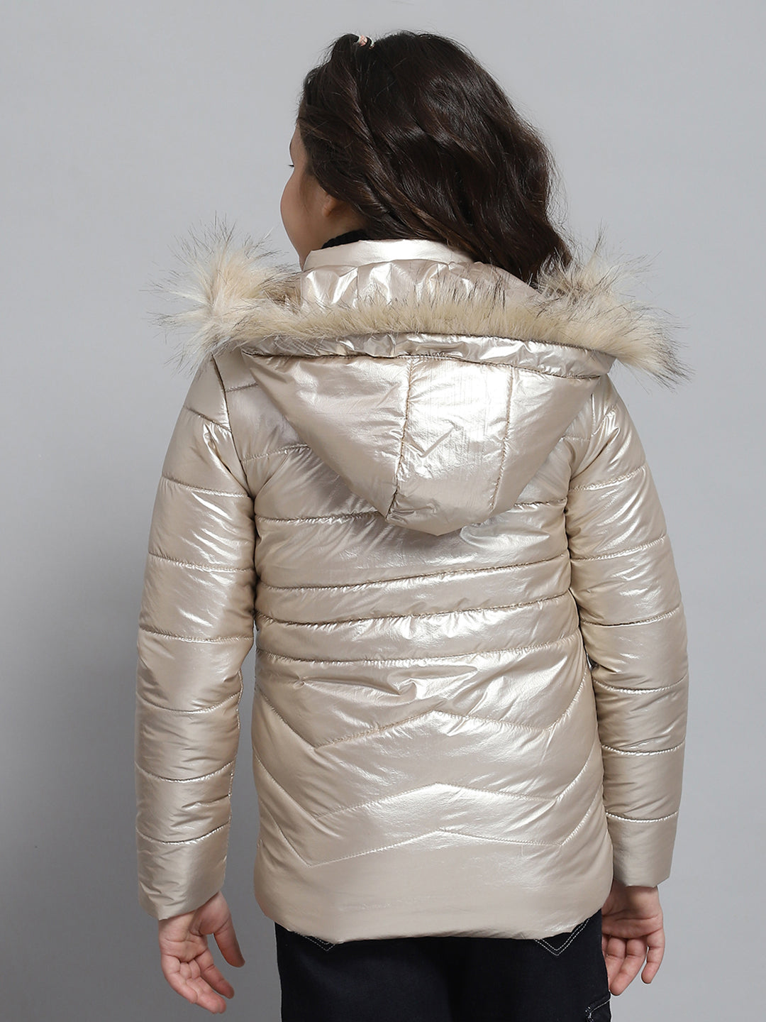 Girls Beige Solid Hooded Full Sleeve Jacket