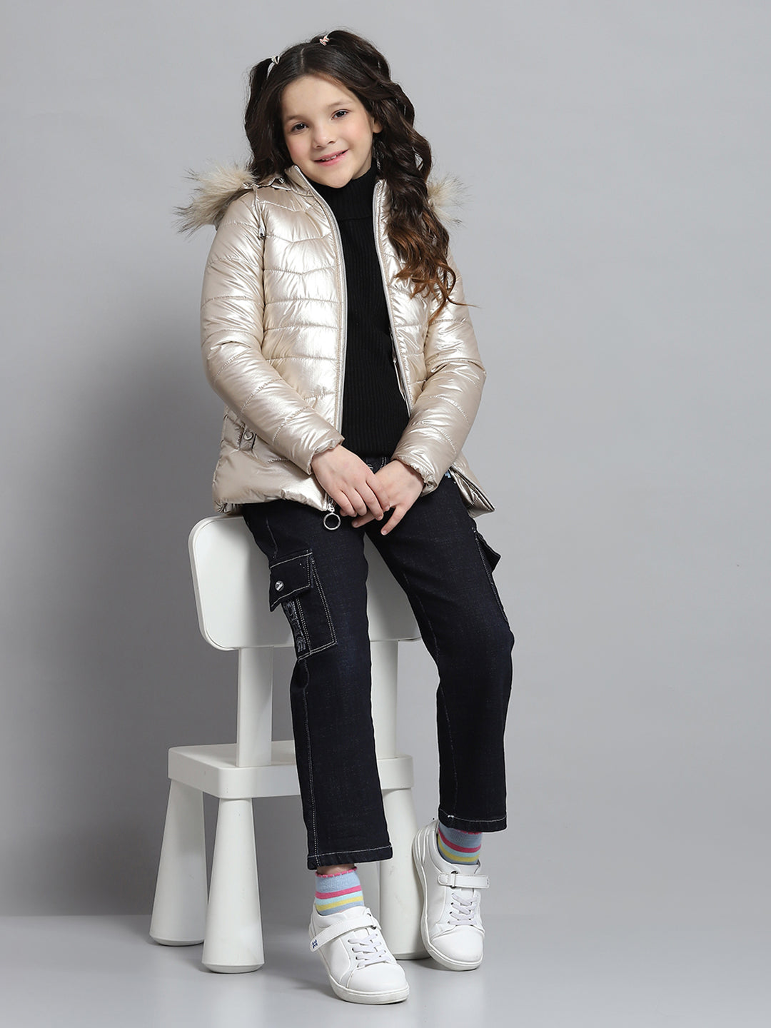 Girls Beige Solid Hooded Full Sleeve Jacket