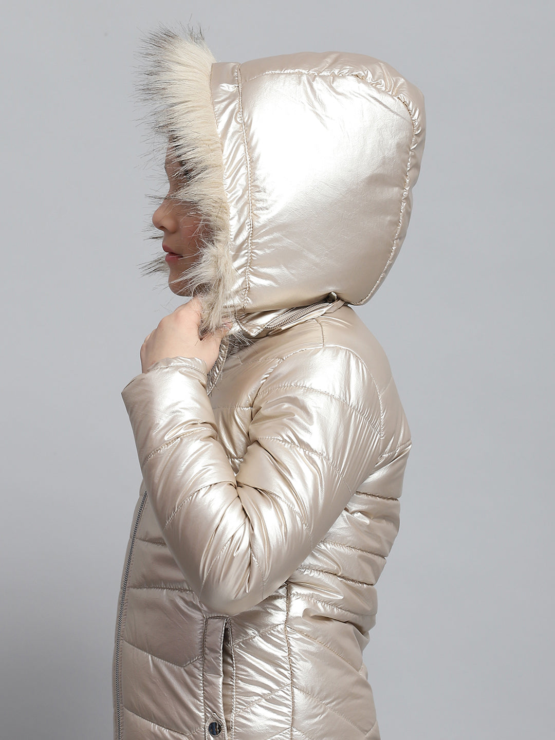 Girls Beige Solid Hooded Full Sleeve Jacket