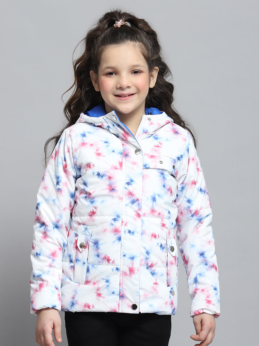 Girls Off White Printed Hooded Full Sleeve Jacket
