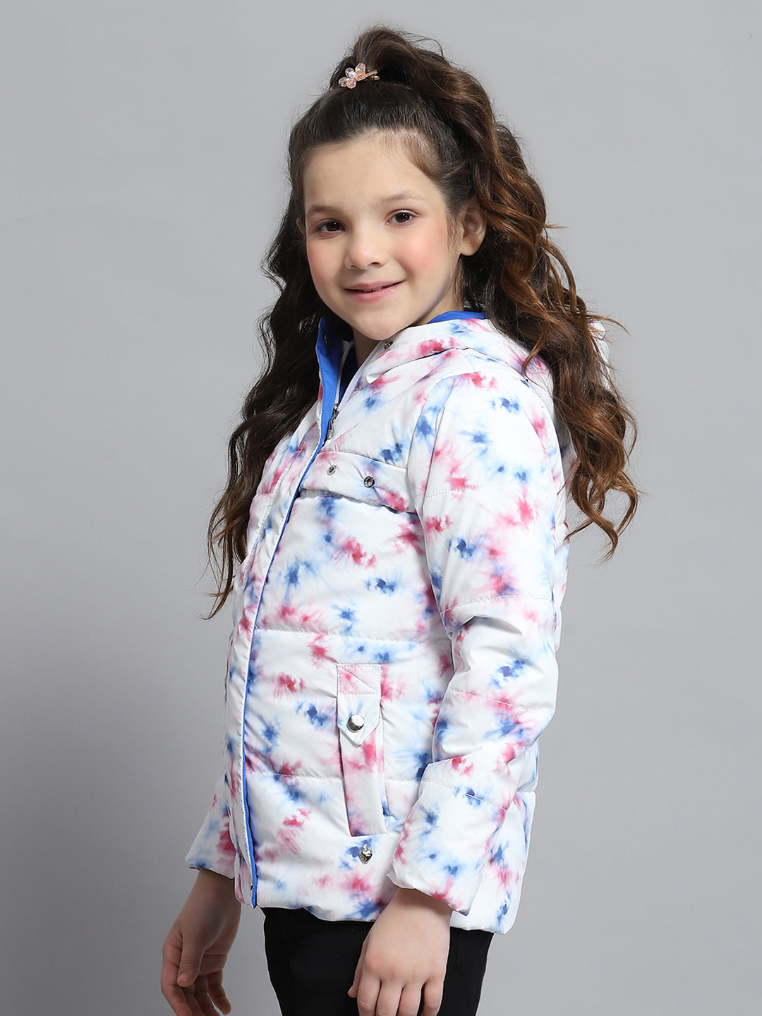 Girls Off White Printed Hooded Full Sleeve Jacket