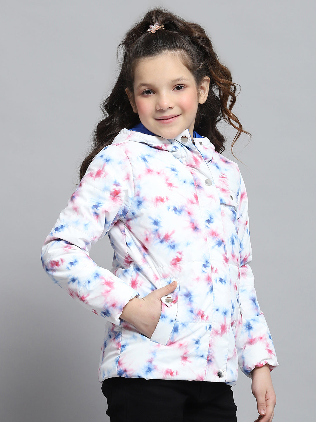 Girls Off White Printed Hooded Full Sleeve Jacket