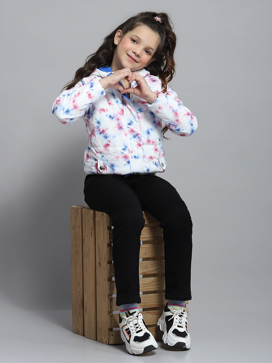 Girls Off White Printed Hooded Full Sleeve Jacket